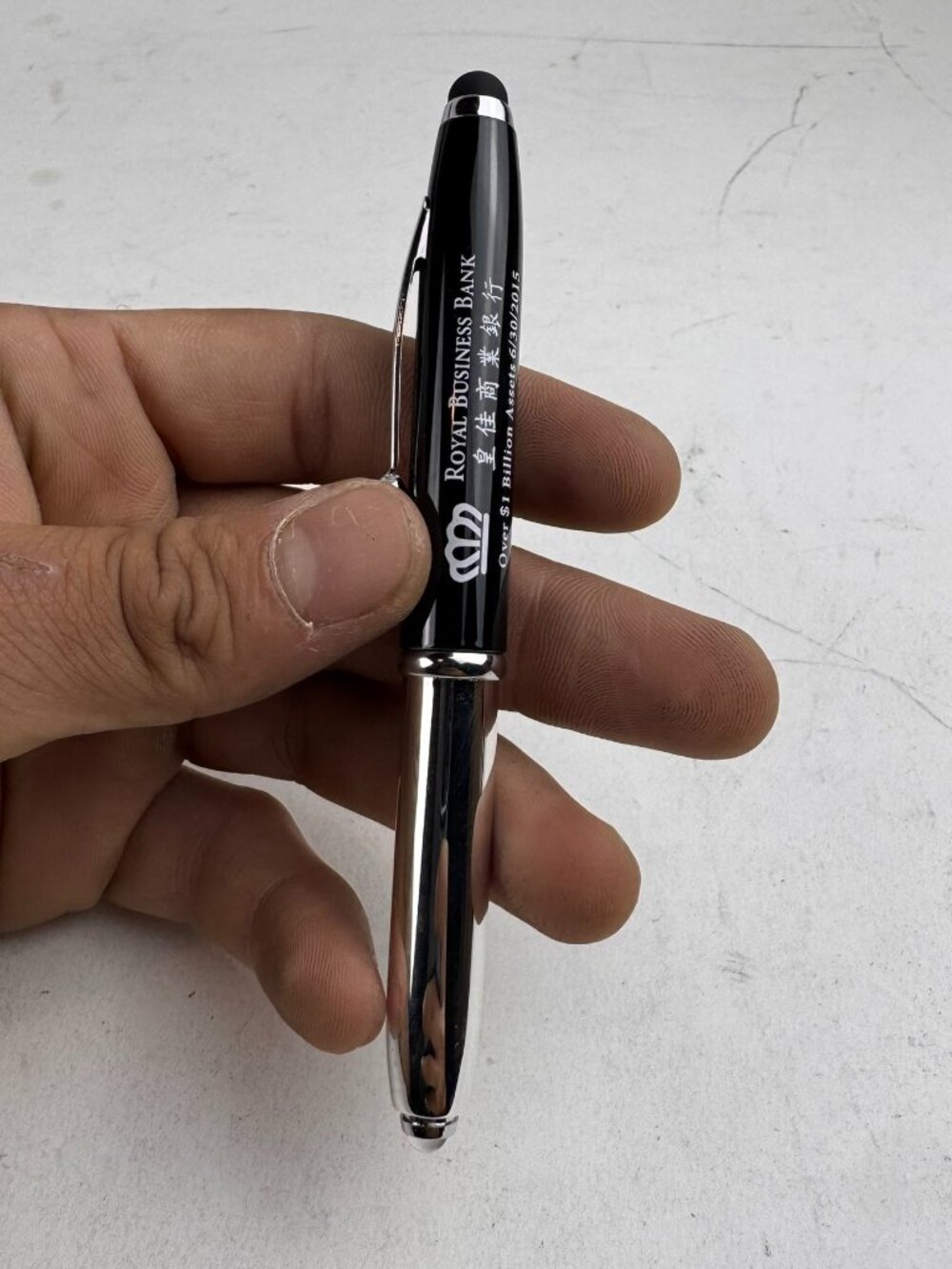 Royal Business Bank Promo LED Light Flashlight Stylus Ballpoint Pen Black Chrome
